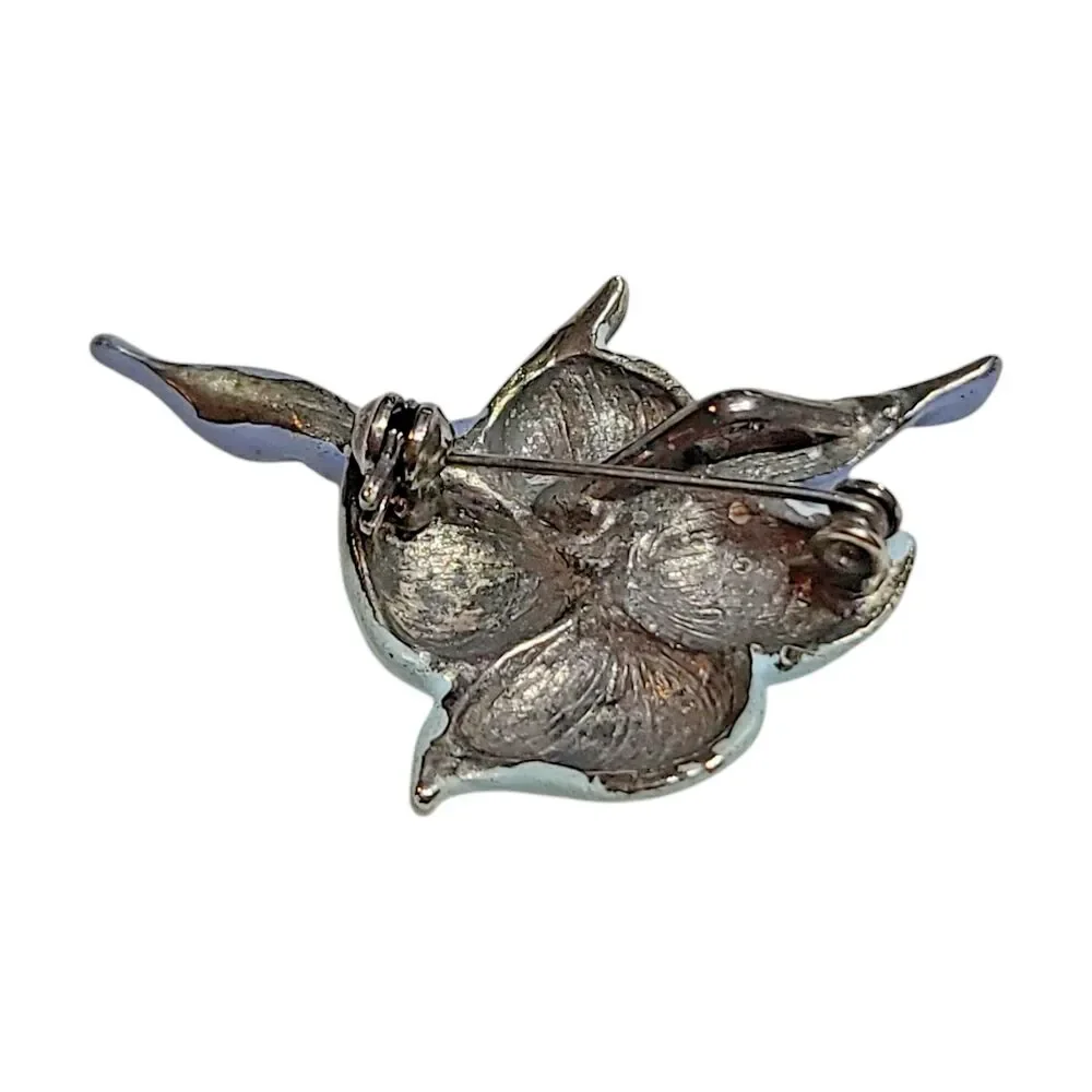 Vintage Metal Painted Blue Enamel Flower Pin Brooch Spring Floral Silver Tone